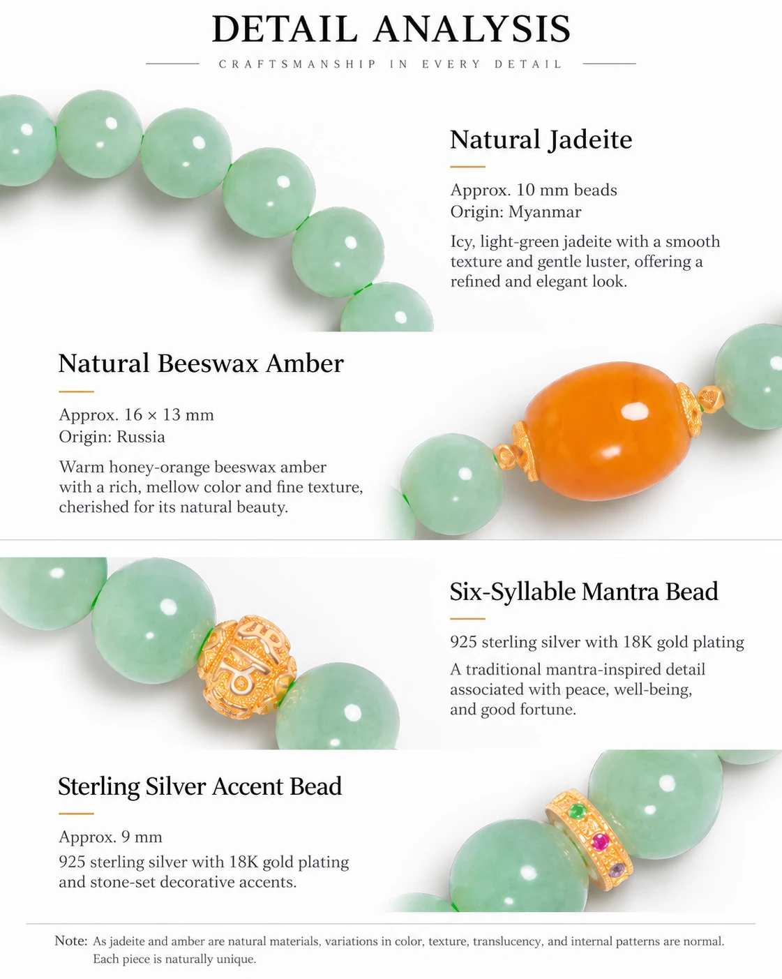 Natural jadeite and beeswax amber bead bracelet details with 18K gold-plated sterling silver accents